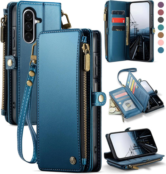 Defencase for Galaxy A26 5G Case Wallet with RFID Blocking Card Holder for Women Men, Fashion PU Leather Magnetic Snap Flip Zipper Wrist Strap Wallet Phone Case for Samsung Galaxy A26 5G, Dark Blue