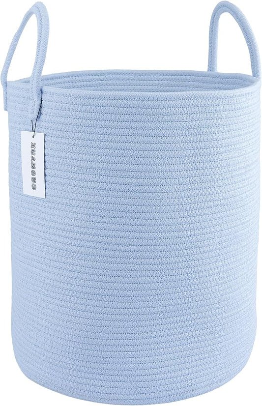 XUANGUO Cotton Rope Laundry Basket Hamper for Clothes Woven Storage Basket for Living Room Bedroom Boho Tall Rope Baskets for Blanket Toys Pillow Towels Baby Nursery Hamper Bin light blue