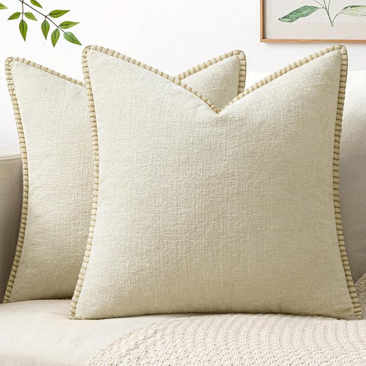 MIULEE Pack of 2 Pillow Covers 20x20 Inch Cream White Farmhouse Decorative Throw Pillow Covers with Stitched Edge Soft Chenille Solid Dyed Couch Pillow Covers for Sofa Bed Living Room
