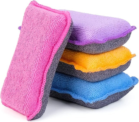 UPSTAR Kitchen Sponges for Dishes, Microfiber Cleaning Scrubber, Non-Scratch Scrubbies for Dishwashing and Bathroom, Size L Pack of 4