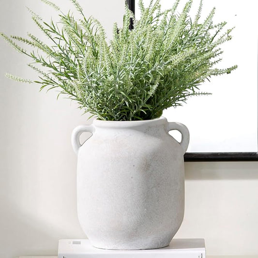 Ceramic Flower Vase Home Decor - Farmhouse Rustic White Table Vases with Handle Living Room Decoration Decorative Vintage Pottery for Kitchen Shelf Coffee Dining Desk Bookshelf Fireplace (7.6" Rustic)