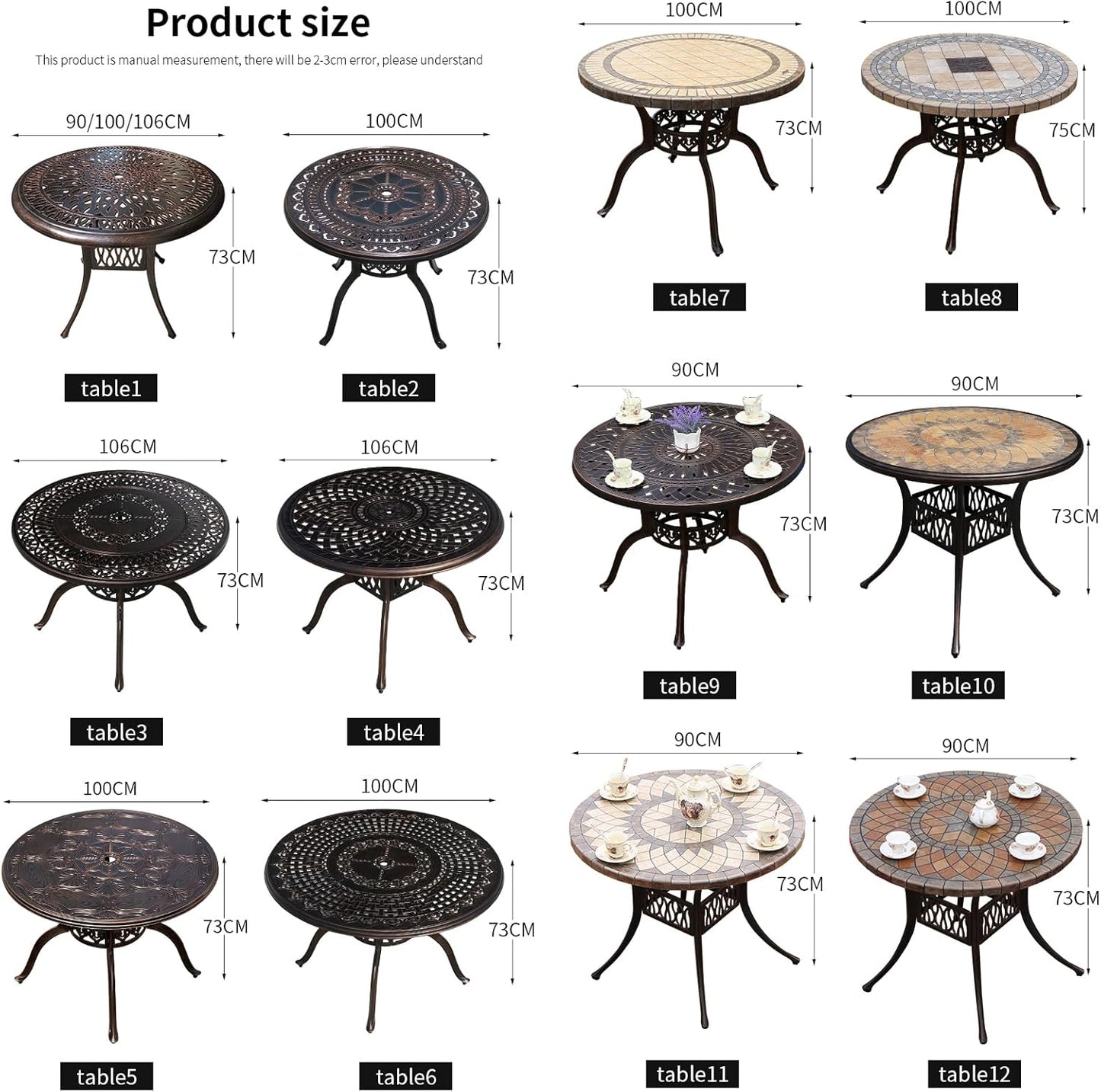 Outdoor Table Tile Round Patio Table All Weather Aluminum Frame Outdoor Dining Tables for Lawn Garden Backyard (90cm Aluminium Tiled Round Table)