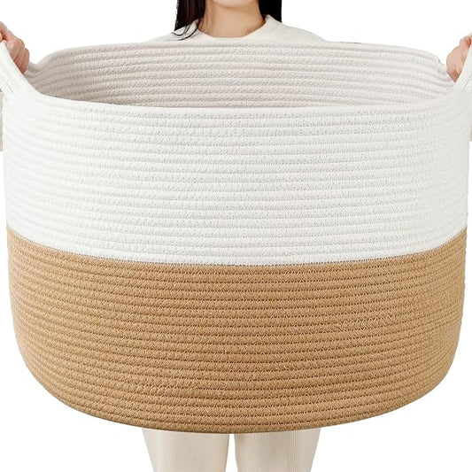 Foldable Laundry Hamper Basket with Collapsible Handle Cotton Rope Soft Woven Fabric Storage Organizer Clothes Toys Nursery Bedroom Dorm Space Saving Bin (White & Camel, 115L(23.6"D x 15.7"H))