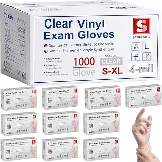Schneider Clear Vinyl Exam Gloves, Latex-Free, Disposable Medical Gloves, Cleaning Gloves, Food Safe, Powder-Free, 4 mil