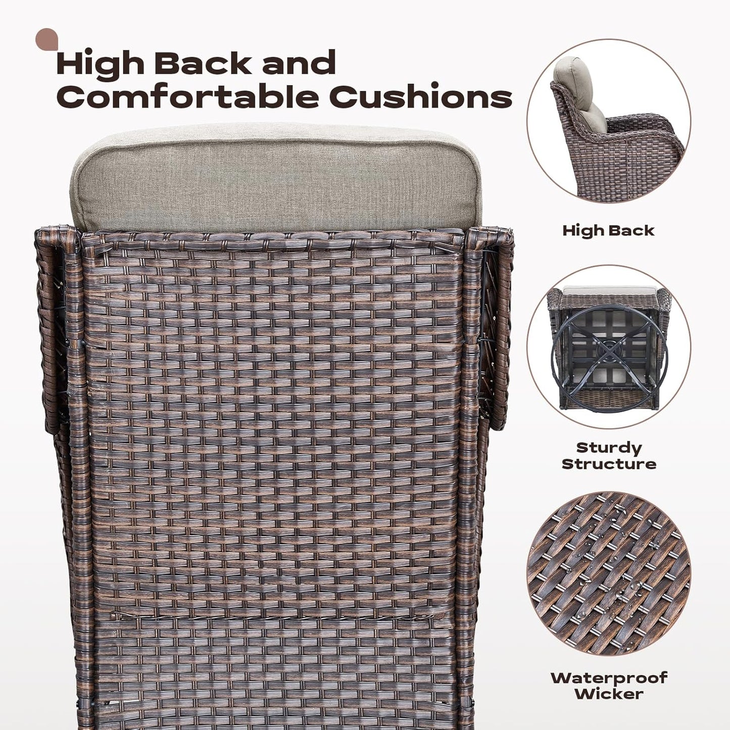 Wicker Outdoor Patio Furniture Set - 6 Piece Patio Conversation Sets with Swivel Rocker Chairs, Ottomans, Sofa and Side Table, 6 inch Cushions, Waterproof Wicker, for Porch Deck Brown/Beige