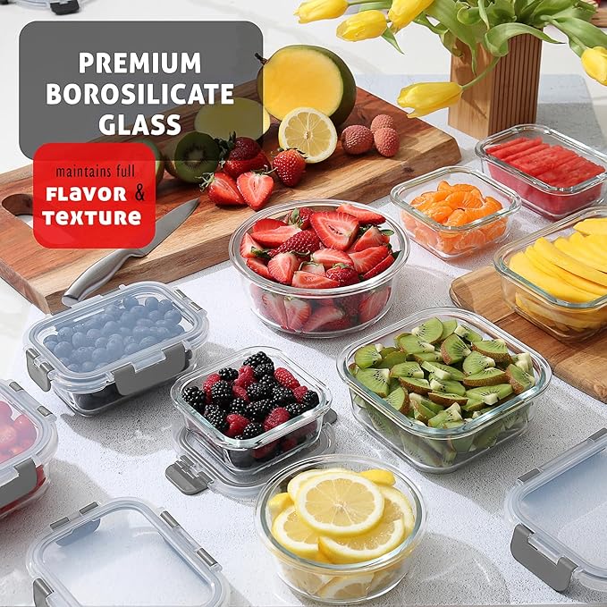 Nestl 48pc Glass Storage Containers with Lids, 24 Glass Food Storage Containers with 24 Airtight Lids for Pantry & Kitchen, Meal Prep Containers for Lunch, Oven Microwave & Dishwasher Safe, Cream