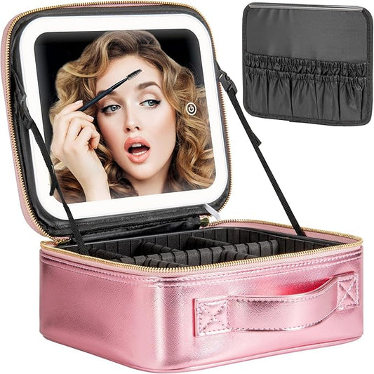Extrei Gent Makeup Travel Train Case with Mirror LED Light 3 Adjustable Brightness Large Cosmetic Bag Portable Storage Adjustable Partition Waterproof Makeup Brushes Make up Jewelry Gift for Women