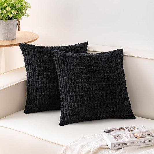 Aegero Pack of 2 Corduroy Decorative Throw Pillow Covers 24x24 InchSoft Striped Pillow Covers Modern Farmhouse Home Decor for Sofa Living Room Couch Bed（Black）
