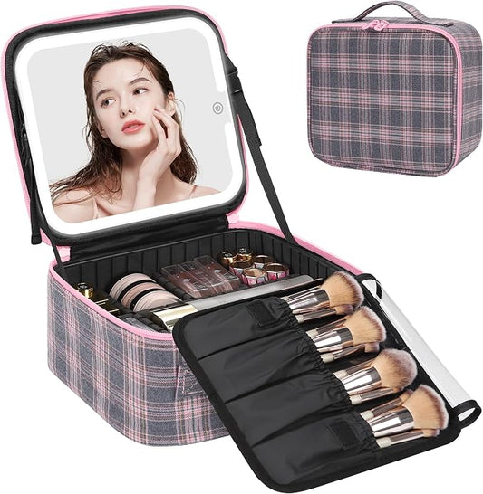 Relavel Travel Makeup Bag With LED Mirror, Portable Cosmetic Organizer Bag with Adjustable Brightness in 3 Color Scenarios, Small Train Case with Detachable Dividers for Trip- Grey Strip