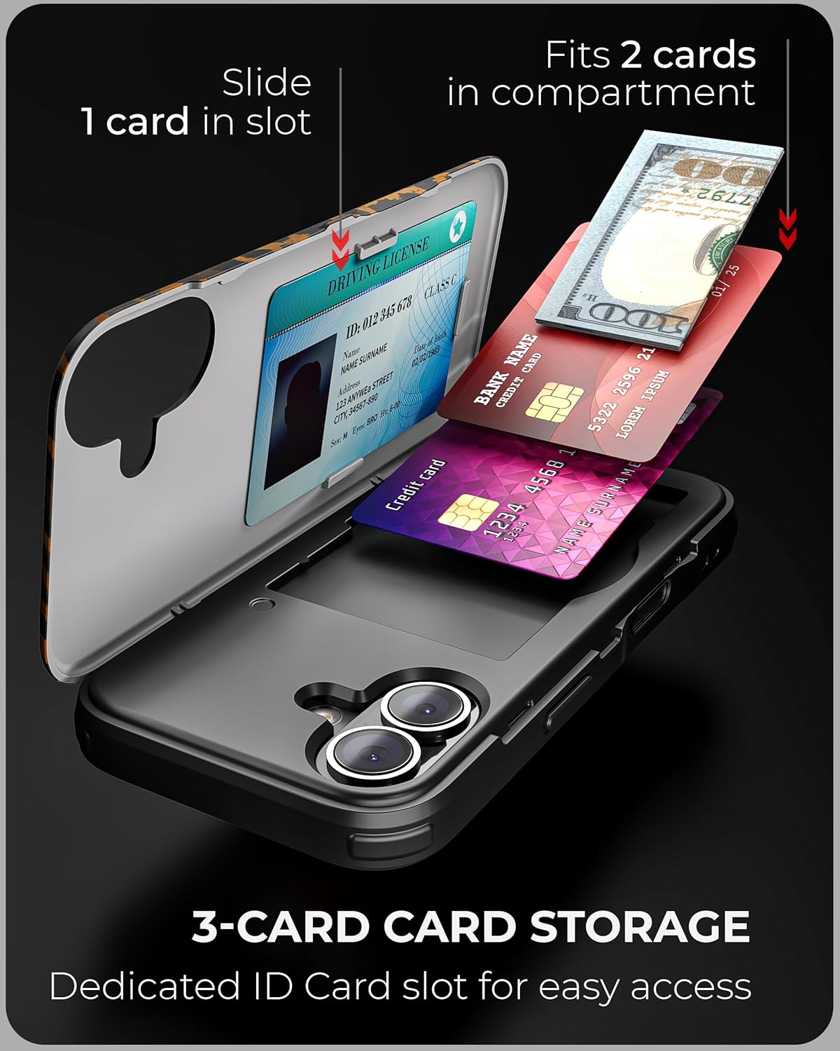 TORU CX Slim for iPhone 16 Case Wallet | Protective Shockproof Heavy Duty Cover with Hidden Card Holder & Card Slot | Mirror & Wrist Strap Included - Leopard