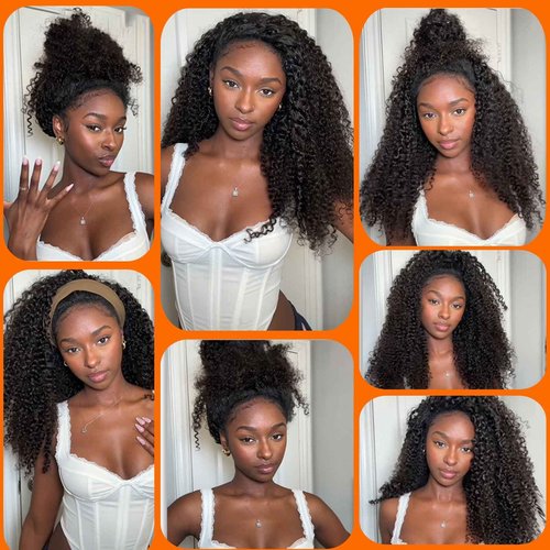 Second Generation Kinky Curly Half Wig Human Hair 210 Density 3 In 1 Seamless Flip Half Wigs Glueless Human Hair Beginner Friendly 18 Inch KinkyCurly Wig with Full Drawstring Headband Wig for Women