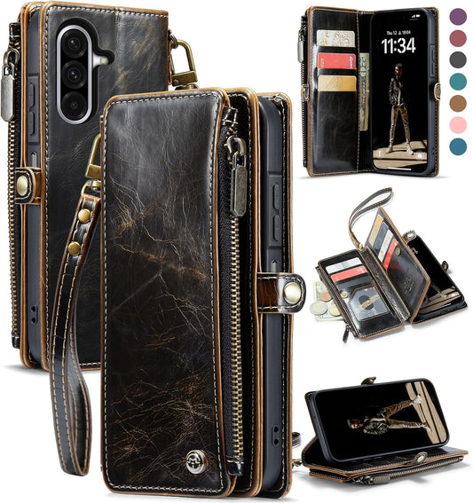 Defencase for Galaxy A26 5G Case Wallet with RFID Blocking Card Holder for Women Men, Fashion PU Leather Magnetic Snap Flip Zipper Wrist Strap Wallet Phone Case for Samsung Galaxy A26 5G, Coffee