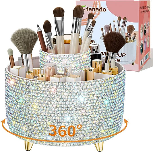 fanado Bling 360° Rotate Makeup Brush Holder Organizer, Makeup Organizers Countertop, Makeup organization and Skincare Storage for Vanity, Gift for Women Girls (Bling dz-White AB)
