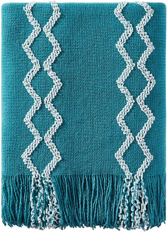 BOURINA Fluffy Chenille Knitted Fringe Throw Blanket Lightweight Soft Cozy for Bed Sofa Chair Throw Blankets Teal 60" x 80"