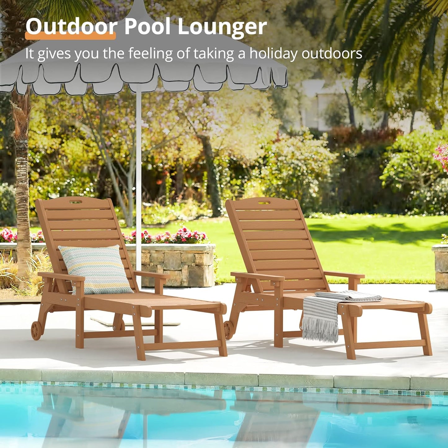 LUE BONA Chaise Lounge Chairs Set with Table, 6-Piece, HDPS Chaise Lounger, 5 Positions Adjustable Lounge Chairs, Pool Lounge Chair with Wheels for Poolside, 3 Year Warranty, Teak Color