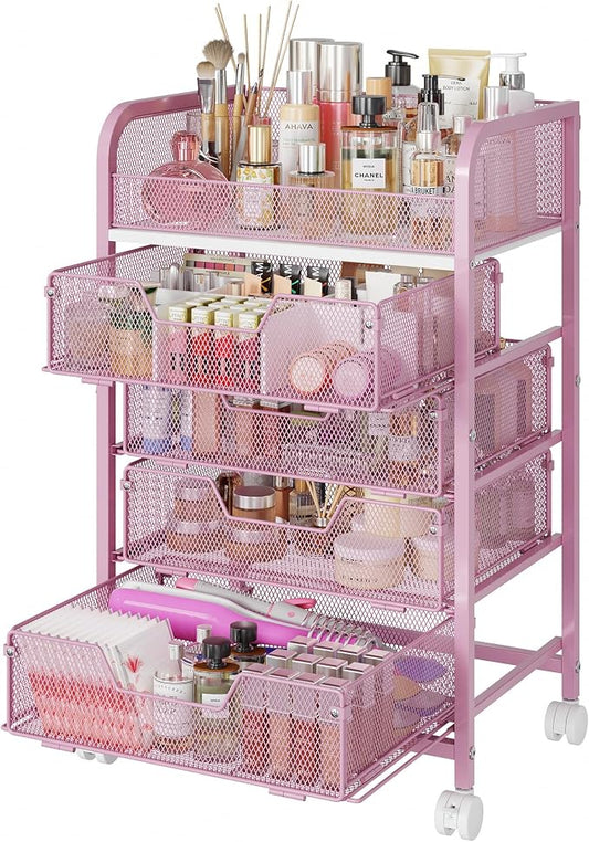 Hongtamoya Makeup Cart Organizer with 4 Drawers, Large Floor Skincare Organizers, Vanity Storage Organizer Cosmetics Display Cases for Skin Care Perfume Nail Polish, Pink