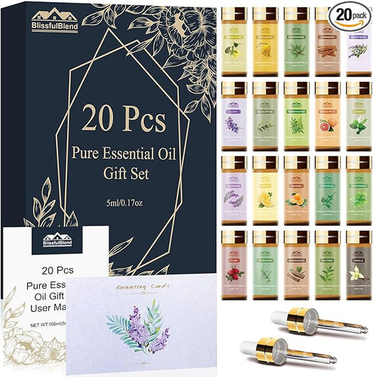Fragrance Essential Oils Set, Essential Oils for Diffuser, for Home, Skin, Candle & Soap Making-Tea Tree, Lavender, Peppermint, Rose and More, with Gift Card for Friend, Teacher, Mom(20×5ml