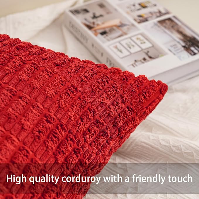Aegero Pack of 2 Christmas Red Corduroy Decorative Throw Pillow Covers 22x22 Inch Soft Striped Pillow Covers Modern Farmhouse Home Decor for Sofa Living Room Couch Bed（Red）