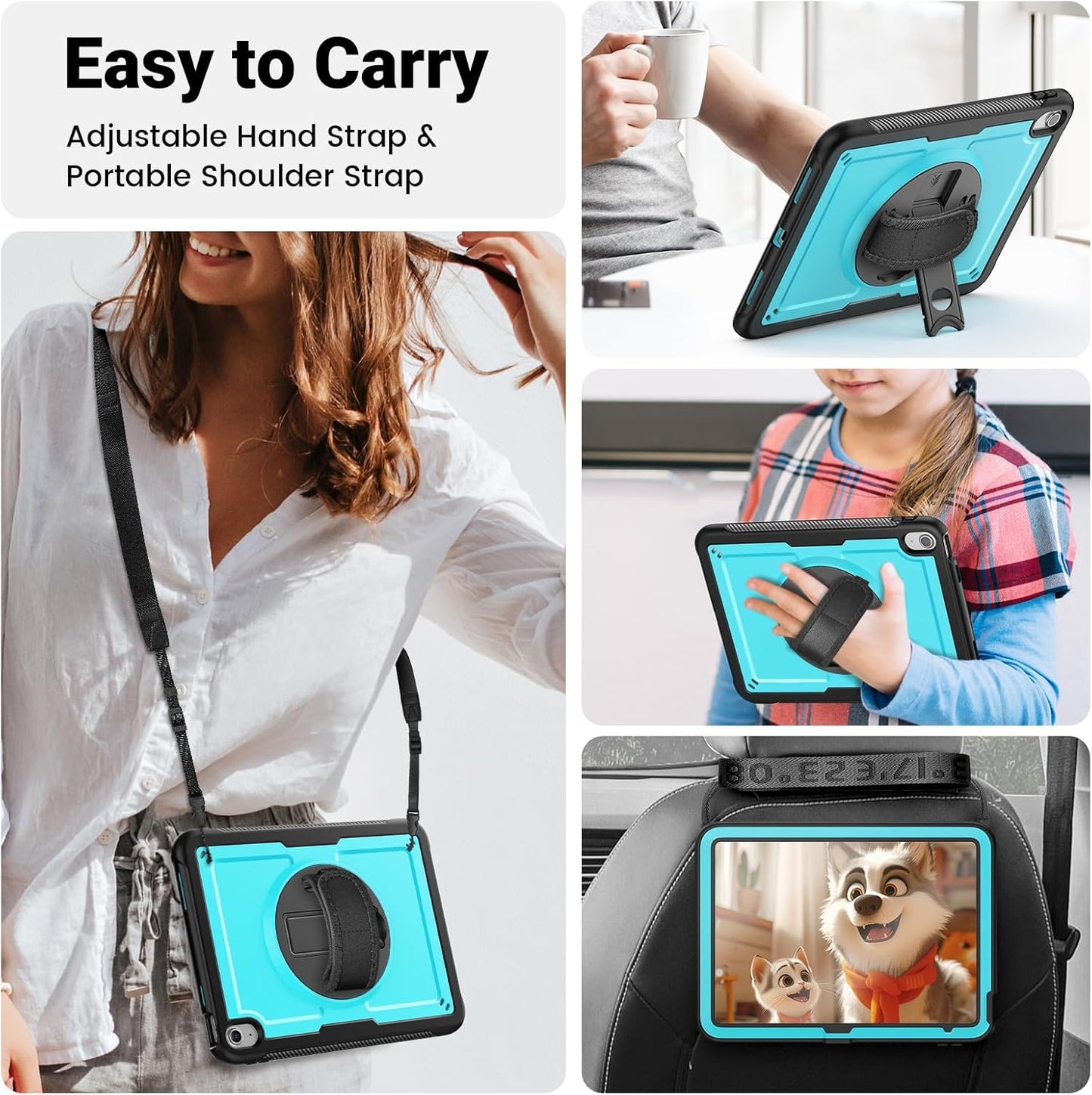 SCSVPN Case for iPad (A16) 11th Generation 11 Inch 2025 / 10th Generation 10.9 Inch 2022, Shockproof Protective Case with Screen Protector, Pen Holder, Rotating Stand, Hand/Shoulder Strap - Sky Blue