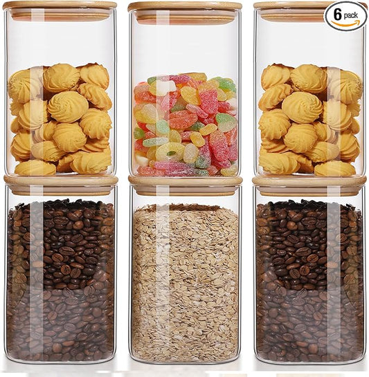 50oz Glass Food Storage Jars Set of 6,Glass Storage Containers Clear Glass Food Canister with Bamboo Lid Airtight For Serving Tea, Coffee, Flour, Sugar, Candy, Cookie, Spice and More (Square)
