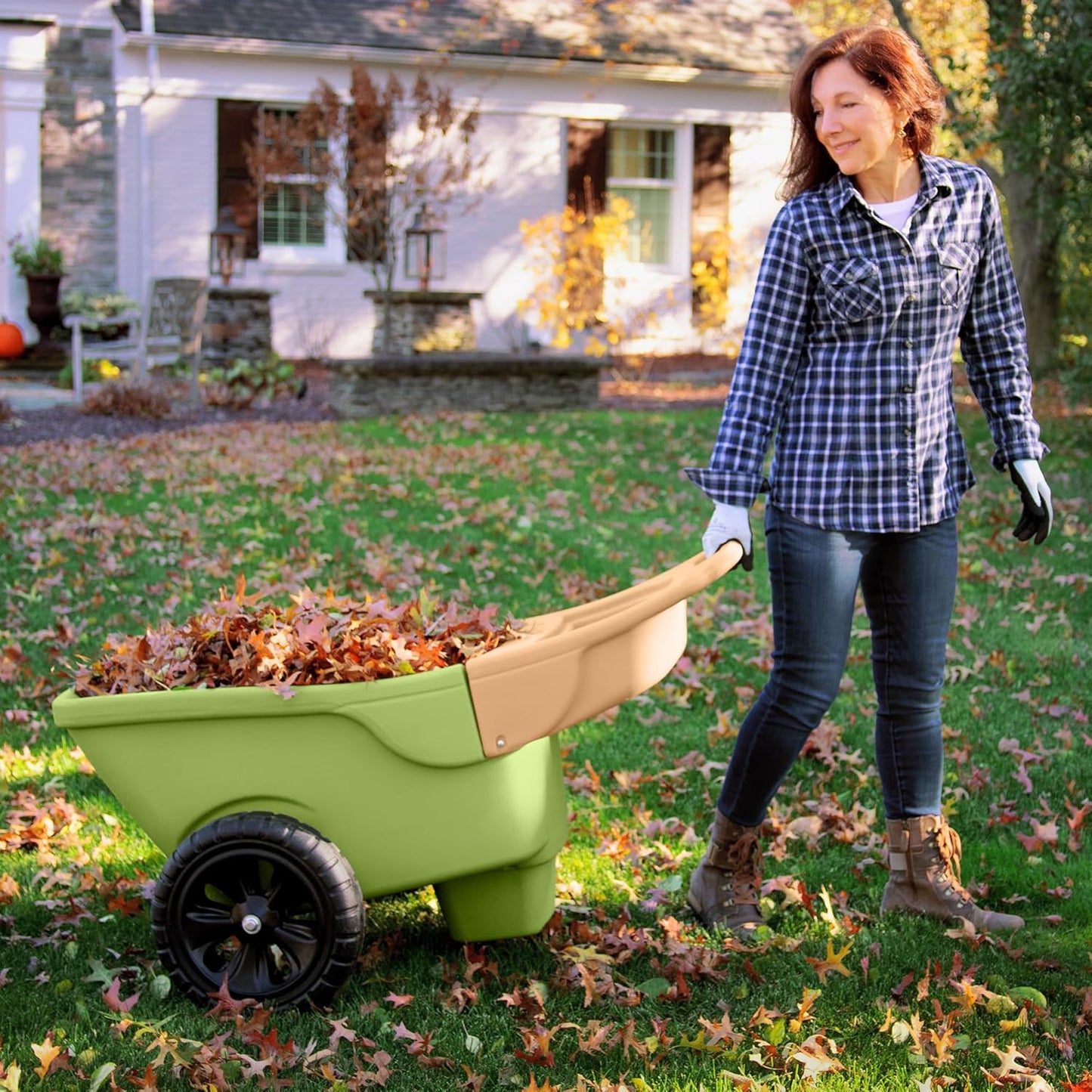 Simplay3 Easy Haul Wheelbarrow with Garden Tool Storage Tray, Durable Heavy-Duty Plastic Wheelbarrow with Large Easy Turn Wheels - Green, Made in USA…