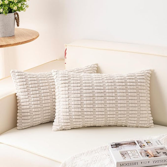 Aegero Pack of 2 Corduroy Decorative Throw Pillow Covers 12x24 Inch Soft Striped Pillow Covers Modern Farmhouse Home Decor for Sofa Living Room Couch Bed（Cream White）
