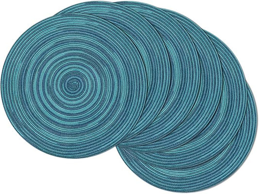 SHACOS 15 inch Round Placemats Set of 6 Variegated Multicolor Place Mats Cotton Polyester Braided Non Slip Washable Heat Resistant Table Mats for Home Wedding Dinner Party Table Decor, Rainbow Teal