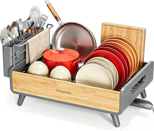 Urackify Dish Drying Rack for Kitchen Counter - Stainless Steel & Bamboo Dish Rack with Large Removable Utensil Holder, Dish Drainer with Adjustable Automatic Spout, Grey