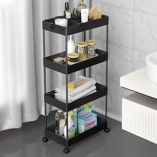 SPACELEAD 4 Tier Rolling Cart with Wheels, Storage Craft Art Trolley Organizer Serving, 3 Hanging Baskets Easy Assembly, for Office, Living Room, Kitchen