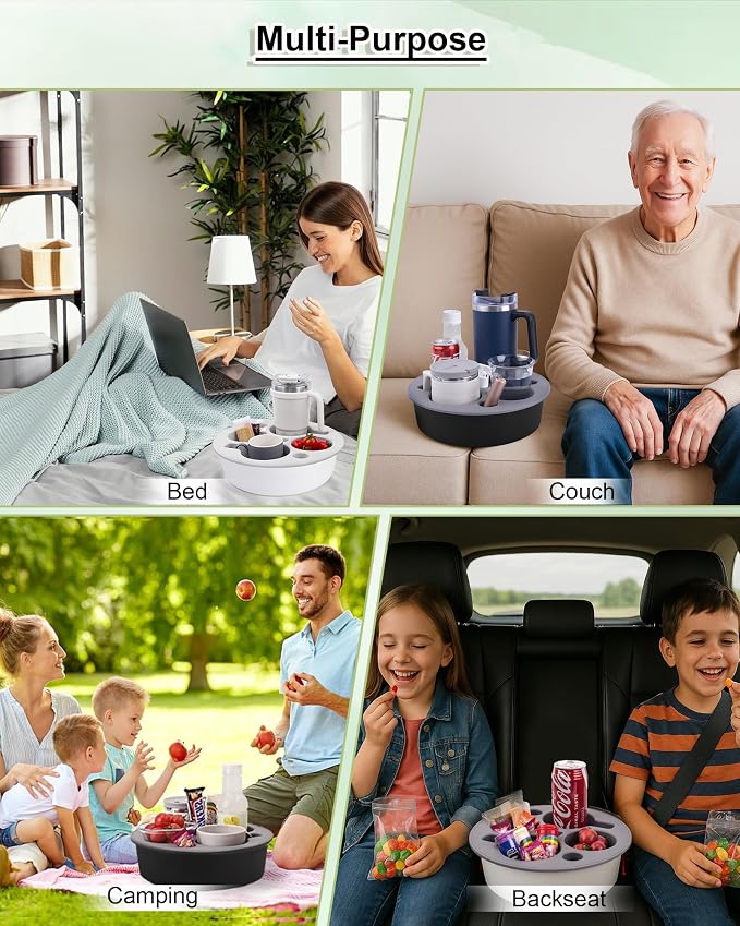 Couch Cup Holder Tray Round, 4-Cups Bedside Drink Holder for Elderly/Pregnancy, Stable Non-Spill Silicone Couch Caddy for Remote Control, Glasses‌, Snacks, Phones‌ (Black-White)