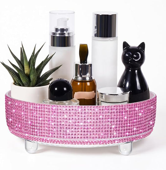 Honeydak Pink Bling Perfume Makeup Organizer Bling Mother's Day Nurses Day Gifts for Women Bathroom Organizers and Storage 360 Rotating Makeup Organizer for Countertop(Resin Stone)