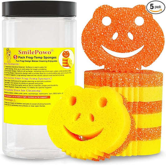 5 Pack Cute Frog Scrub Sponge, Dual-Sided Temperature Controlled Kitchen Sponge for Dishes,Furniture,Bulk Sponges Household Cleaning Pads,Multi-Functional Premium Cleaning Sponges