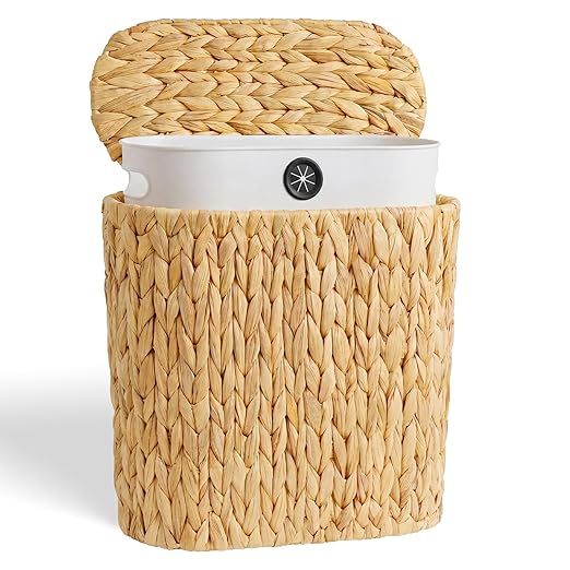 iEGrow 3 Gallon Wicker Trash Can, Bathroom Trash Can with Lid, Narrow Natural Water Hyacinth Waste Basket with Removable Liner, Boho Garbage Can for Bedroom, Office, Small Spaces Living Room, Toilet