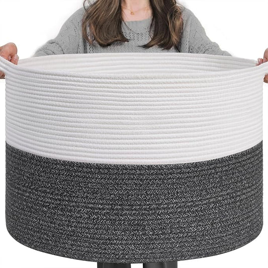 INDRESSME XXXLarge Cotton Rope Basket 21.7" x 21.7" x 13.8" Woven Baby Laundry Baskets Blanket Basket Toy Baskets with Handle Storage Comforter Cushions Gray Laundry Hamper