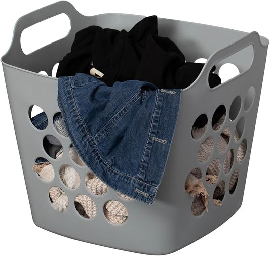 Flexible Plastic Laundry Basket - Square Storage Hamper with Side Handles for Easy Carrying - Versatile Organizer for Laundry, and Household Storage, 28 Litter Gray