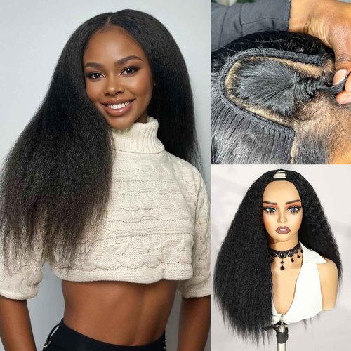 WIGER Kinky Straight U Part Wigs Human Hair Half Wig Natural Color Glueless Thin Leave Out Curly Hair 200% Density 18 Inch kinky Curly Clip in Wigs for Black Women Wear And Go Wig
