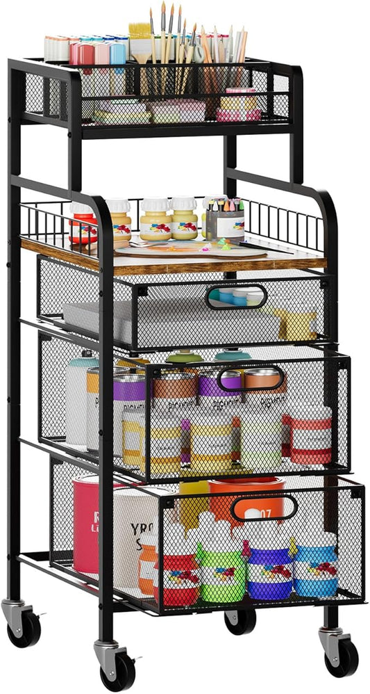 SWTYMIKI Rolling Cart with Drawers - Metal Craft Cart with Wheels, DIY Divider and Wood Shelf, Art Supply Organizer Craft Organizer and Storage, Utility Storage Cart for Home Office Studio, Espresso