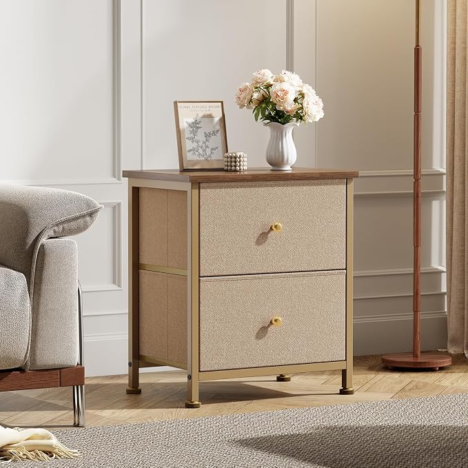 DUMOS Nightstand Small Dresser with 2 Fabric Drawers Side Tables Bedroom End Table Kids Bedside Storage Furniture for 20 inch Tall Night Stand for Closet, Entryway, College Dorm, Khaki 2Pack