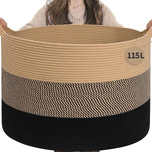 INDRESSME 115L Extra Large Blanket Basket for Apartment Décor, Woven Baby Laundry Hamper Shoe Basekts for Entryway, Wicker Storage Basket for Organizing, Camel Mix & Black