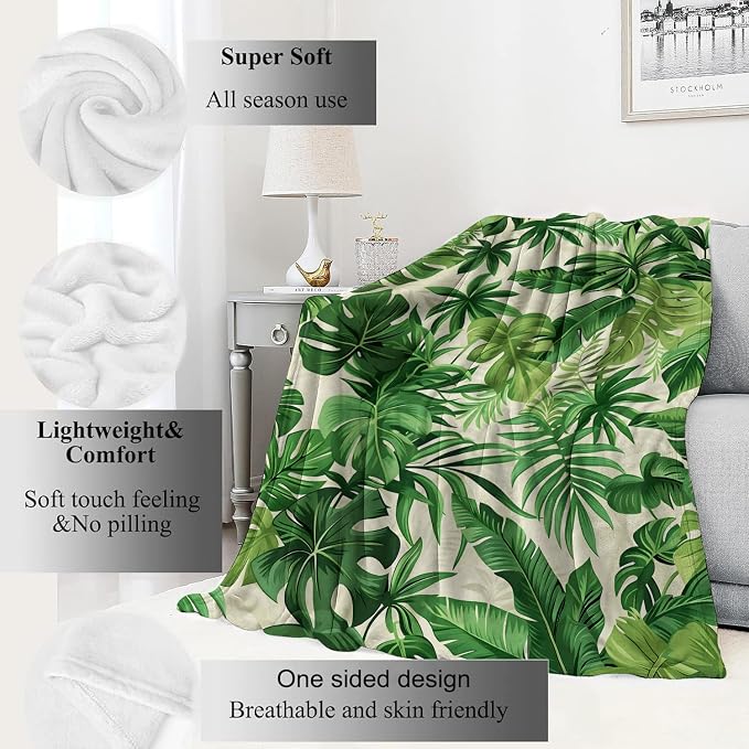 Tropical Green Leaves Blanket Lush Botanical Leaf Throw Blankets with Plant,Birthday Gifts for Girls Women & Nature Lovers,Lightweight Soft Fleece,for Sofa Couch Bed Room Decor 50x60in
