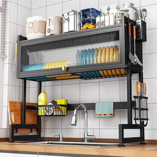 SNSLXH 𝐋𝐚𝐫𝐠𝐞 2-Tier Over The Sink Dish Drying Rack, 33.66"×31.1"×11.81", Large Sink Rack for Kitchen, Saving Kitchen Space, Cover Design Holds Dishes, Bowls, and Cutlery, Kitchen Sink Shelf