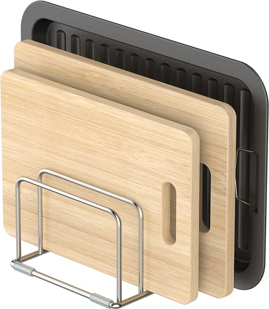 KORRTFID Cutting Board Holder Stand, Chopping Board Storage Rack, Cutting Board Organizer, 304 Stainless Steel Chopping Board Holder, Cookie Sheets Organizer 1.0+1.2 Inch Width Slots(Large)