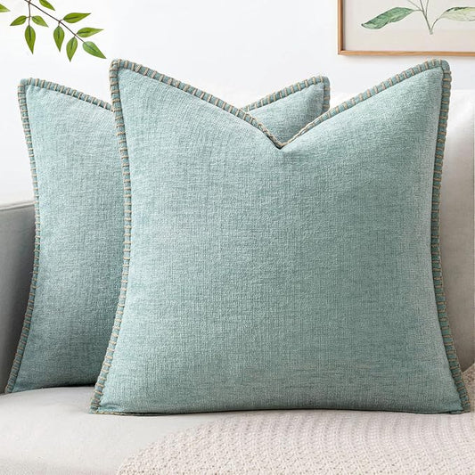MIULEE Pack of 2 Summer Throw Pillow Covers 18x18 Inch Coastal Light Blue Farmhouse Cottage Decorative Pillow Covers Stitched Edge Soft Chenille Pillow Covers for Couch Sofa Bed Living Room,Aqua Haze