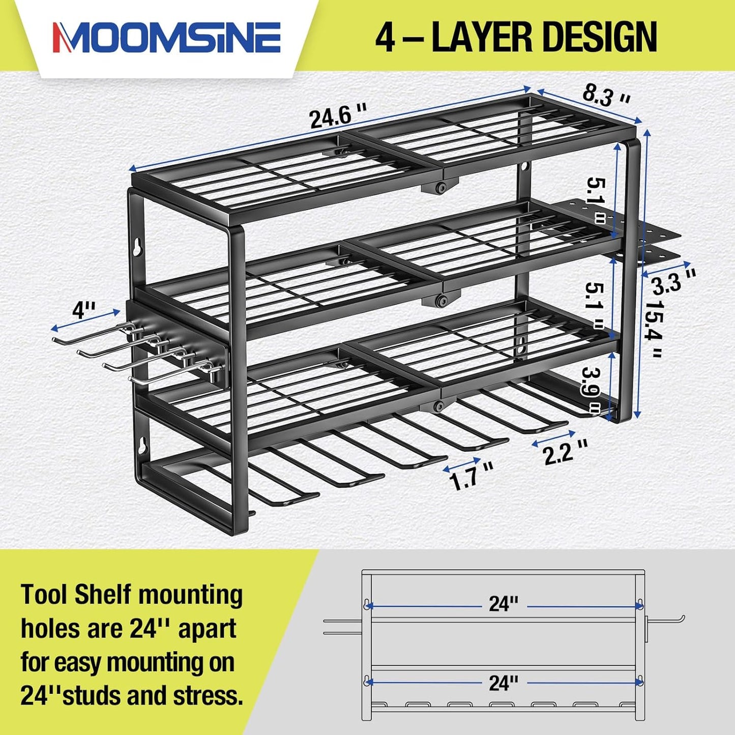 4 Layer Power Tool Organizer Wall Mount, Battery Tools Holder with Charging Station Shelf, Cordless Drill Hanger Storage Rack for Garage Organization, Workshop, Pegboard - 24 Inch 6 Slots
