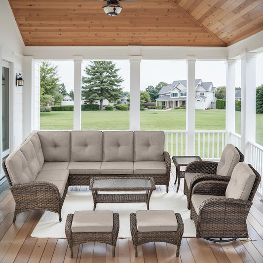 HUMMUH Outdoor Patio Furniture Set,L-Shaped Sectional Couches with Swivel Patio Chairs,Wicker Conversation Set for Deck,Backyard,Porch,Garden