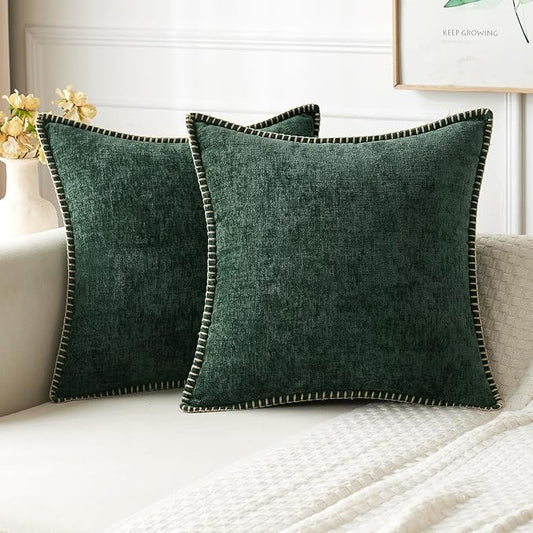 MIULEE Pack of 2 Pillow Covers 20x20 Inch Dark Green Farmhouse Decorative Throw Pillow Covers with Stitched Edge Soft Chenille Solid Dyed Couch Pillow Covers for Sofa Bed Living Room