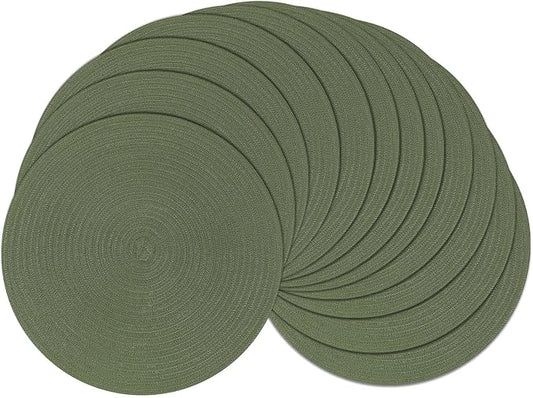 SHACOS Round Placemats Set of 12 Washable 15 inch Round Table Mats Cotton Polyester Woven Braided Place Mats for Dining Table Wedding Party Decor (Olive Green, 12)