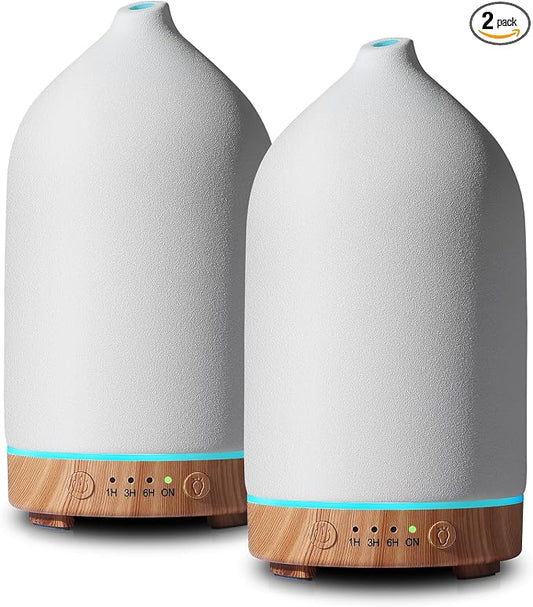 Gooamp 200ML Ceramic Essential Oil Diffuser (2 Pack) - Ultrasonic Aromatherapy & Humidifier with 7-Color LED Lights, Auto Shut-Off, Wood Grain Base, 1H/3H/6H Timer | Scent for Home, Office, Yoga