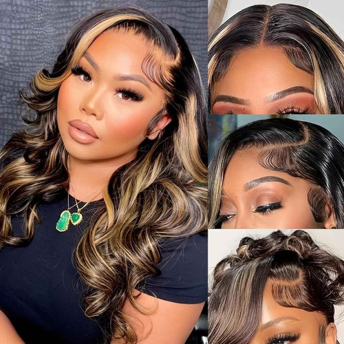 Bob Wig Human Hair 13x6 Balayage Highlight Body Wave HD Lace Front Wigs Human Hair Pre Plucked 200% Density Colored 1B/27 Ombre Honey Blonde Frontal Lace Wig 14 Inch Glueless Short Bob Wigs for Women
