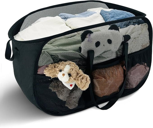 Upgraded Cationic XL Collapsible Laundry Baskets, 100L Extra Large Mesh Pop Up Hamper with Handles and bag, Portable Stair Basket, Dirty Clothes Hamper for Cruise Travel Bedroom. Black